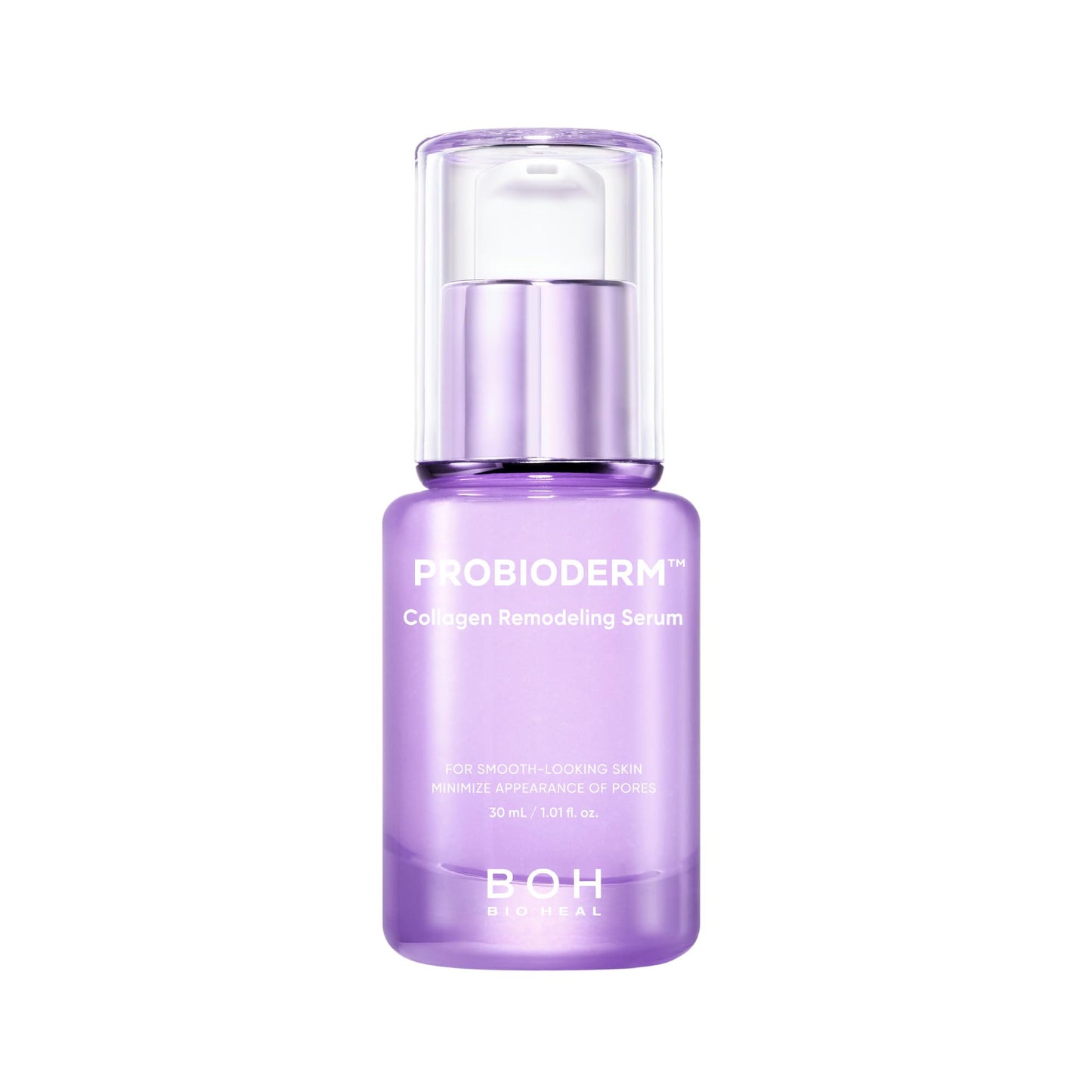 BOH Bio Heal Probioterm Collagen Remodeling Serum in a sleek purple glass bottle with pump dispenser, labeled for minimizing pores and promoting smooth-looking skin, 30ml size on a white background.