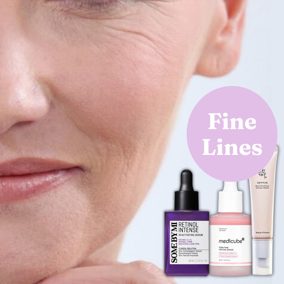 Skincare products for reducing fine lines, shown next to a person's face.