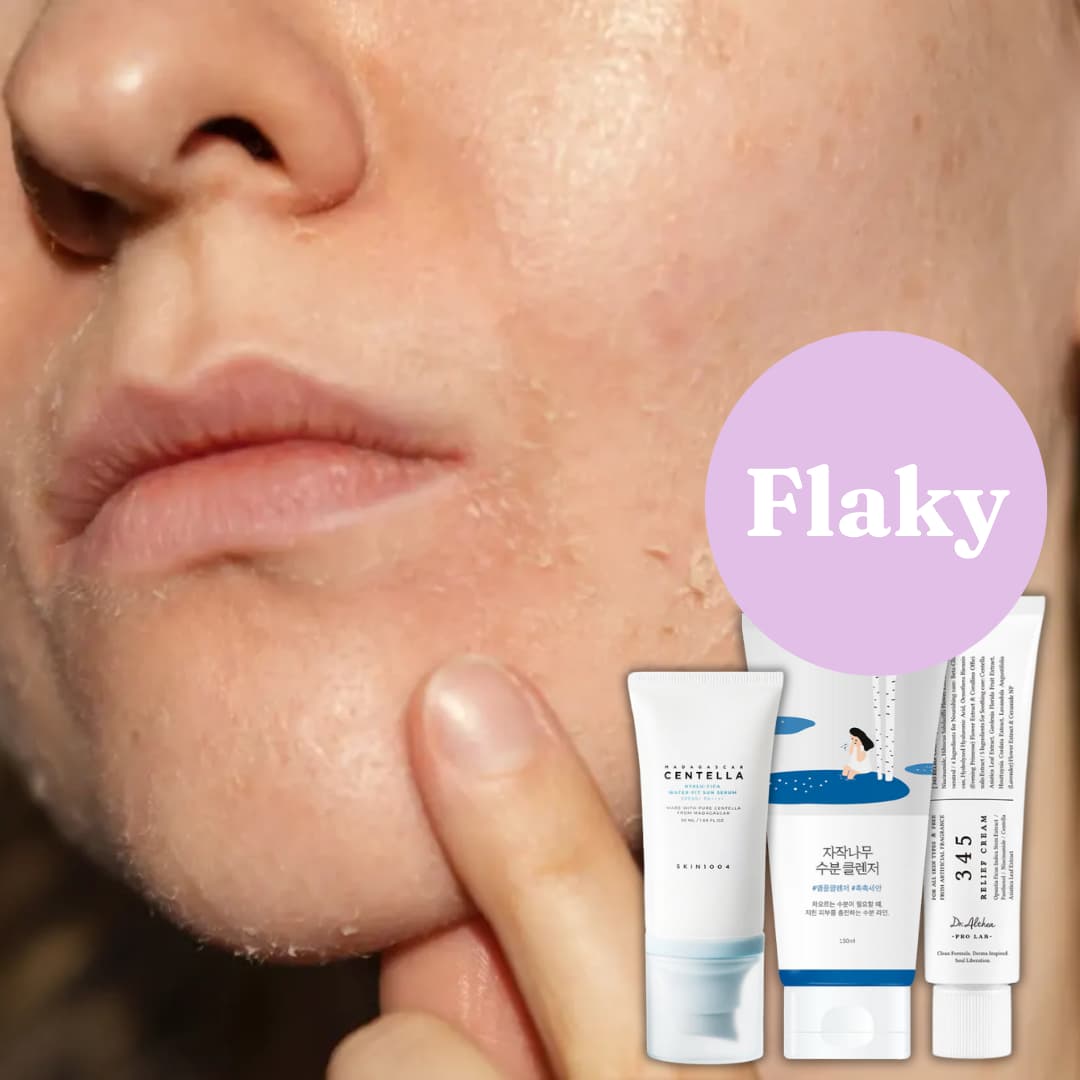 Close-up of dry skin with flaky texture and three skincare products below