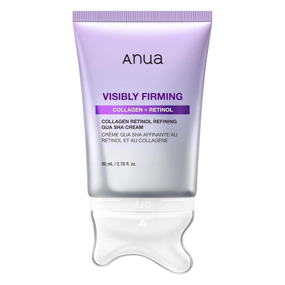  Anua Visibly Firming Collagen + Retinol Refining Gua Sha Cream 80ml in a lavender and silver squeeze tube with a clear silicone applicator tip, shown on a white background.