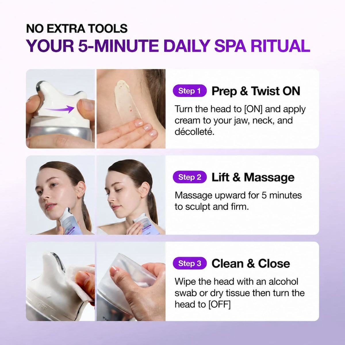 Step-by-step guide for a 5-minute daily spa ritual with product usage instructions.