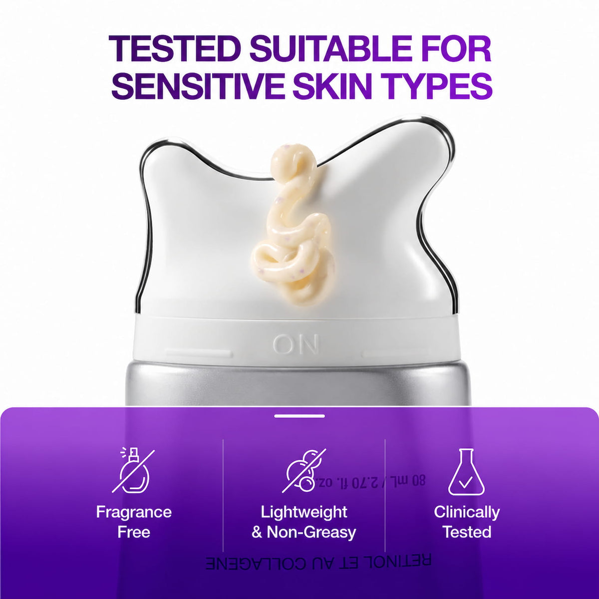 A close-up of a skincare bottle cap with a white silicone Gua Sha applicator head showing a swirled cream, above a purple banner with text reading 'TESTED SUITABLE FOR SENSITIVE SKIN TYPES' and feature icons for fragrance-free, lightweight, and clinically tested.