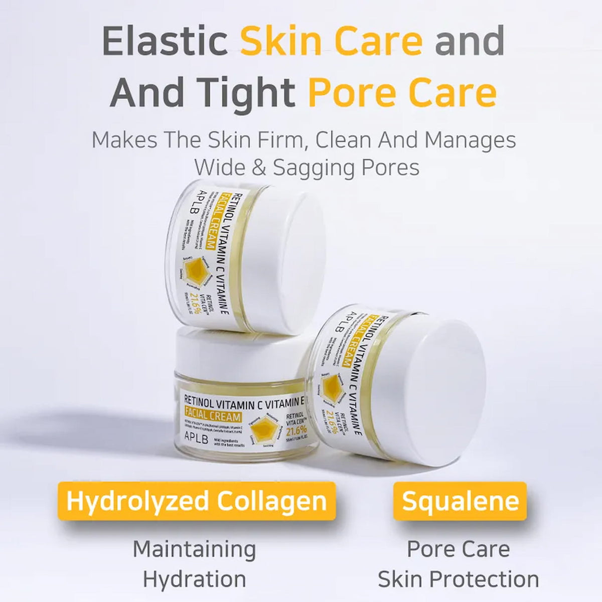 Three APLB Retinol Vitamin C Vitamin E Facial Cream jars with text highlighting ingredients and benefits on a light gray background