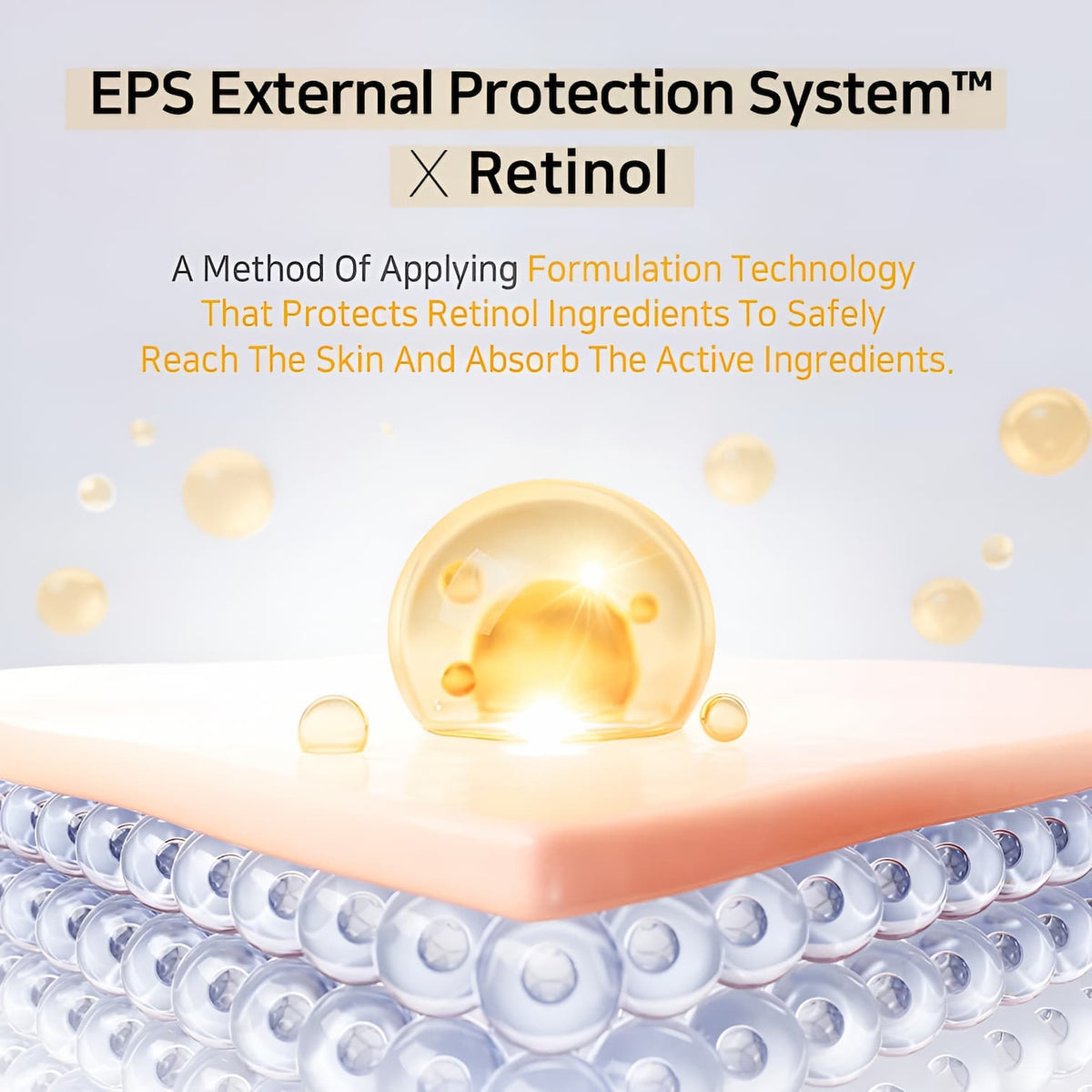 Promotional graphic illustrating "EPS External Protection System x Retinol" on a light background, showing a glowing droplet of formula resting on a layer of skin cells with descriptive text explaining its protective technology.