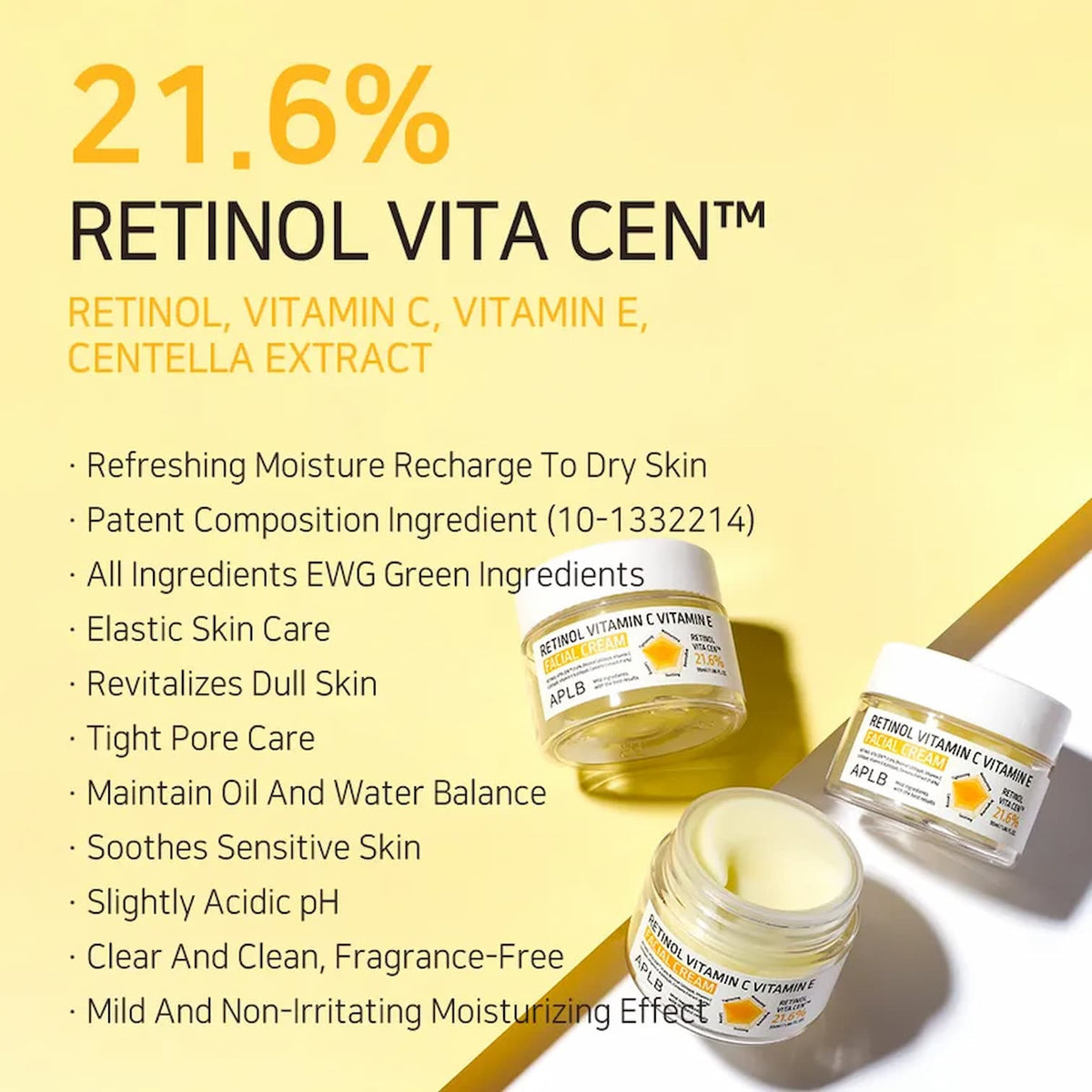 Promotional graphic for APLB Retinol Vitamin C Vitamin E Facial Cream on a yellow background, featuring three jars of the cream and a list of benefits including refreshing moisture, elastic skin care, tight pore care, and a fragrance-free, mild moisturizing effect.