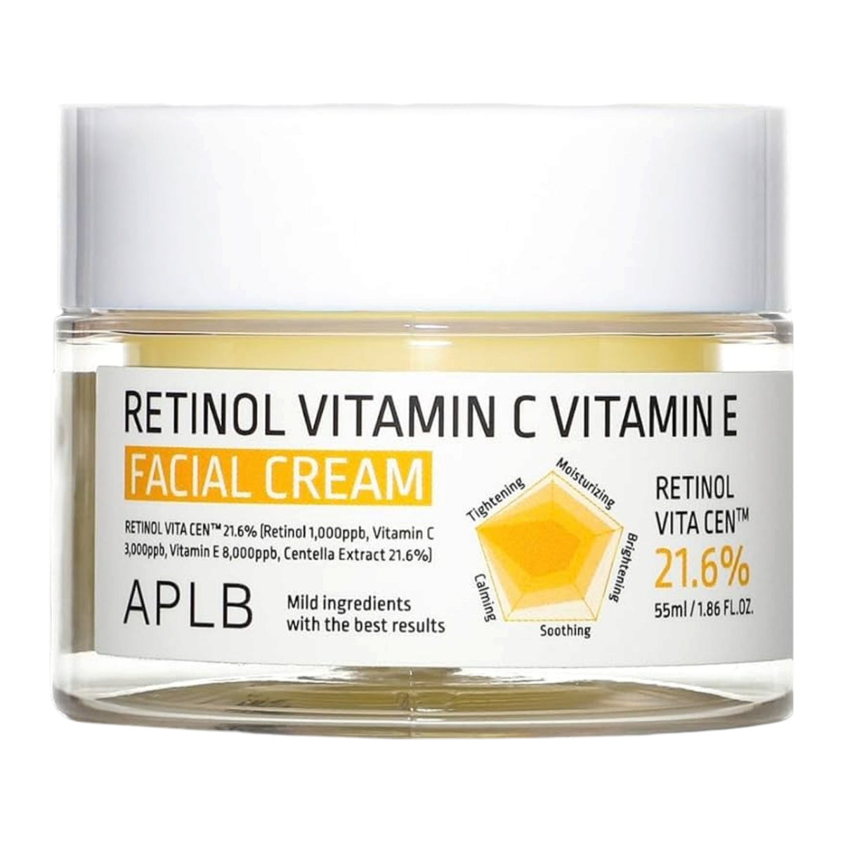 APLB Retinol Vitamin C Vitamin E Facial Cream 55ml in a clear glass jar with a white lid on a plain white background