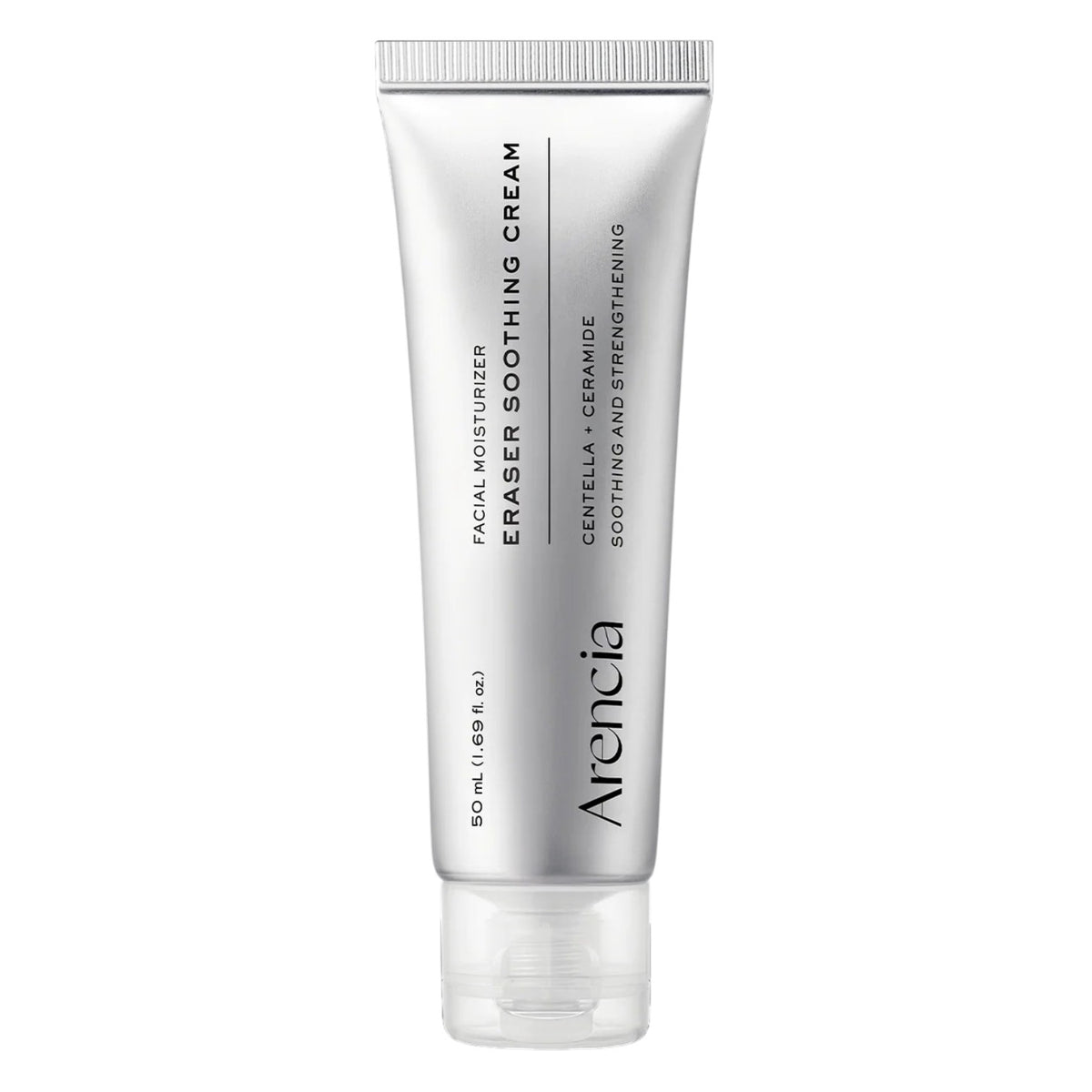 A 50 mL squeeze tube of Arencia Eraser Soothing Cream, featuring a metallic silver body with black text and a clear cap, set against a plain white background.