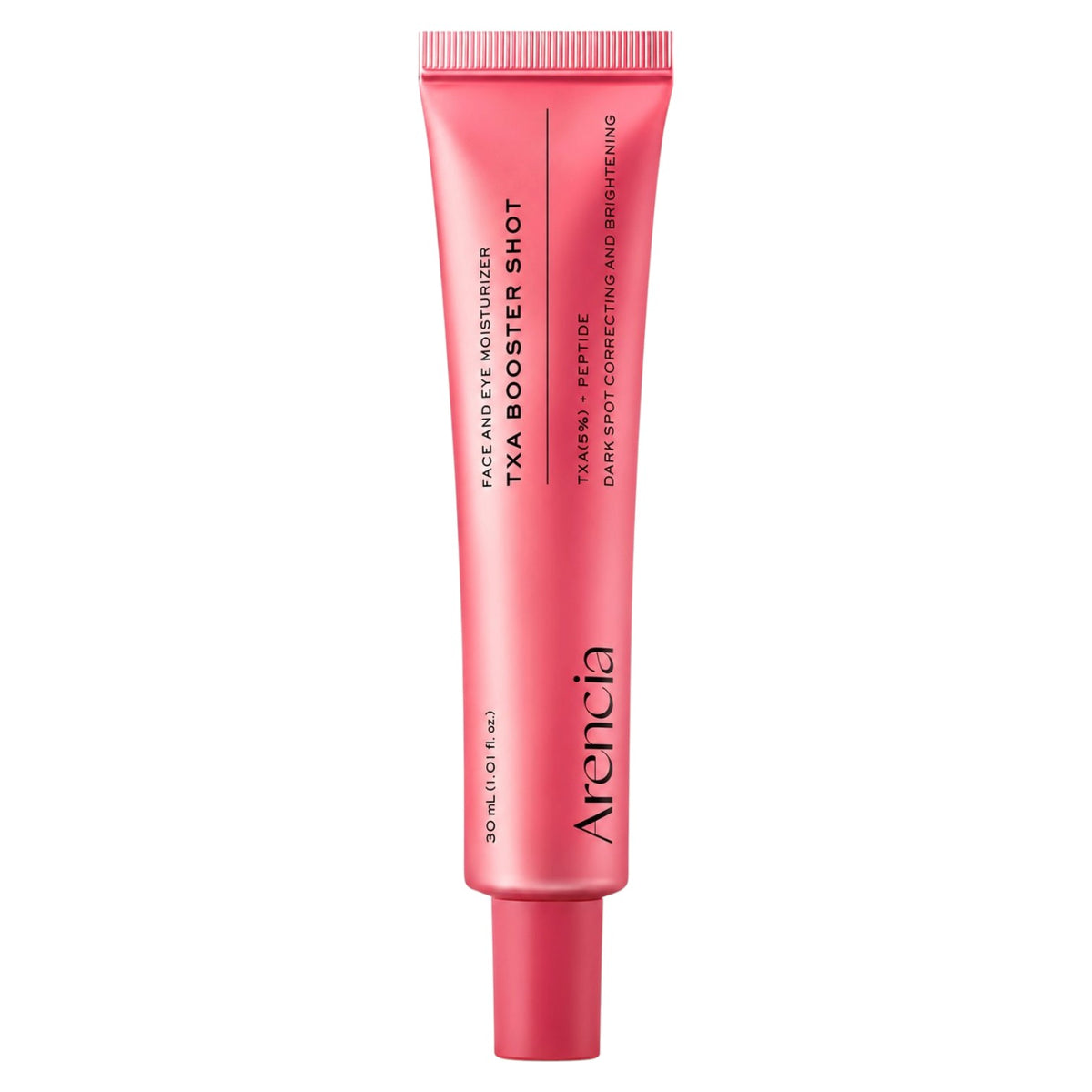 A light red squeeze tube of ARENCIA TXA Booster Shot 30ml Face and Eye Moisturizer, shown against a plain white background.