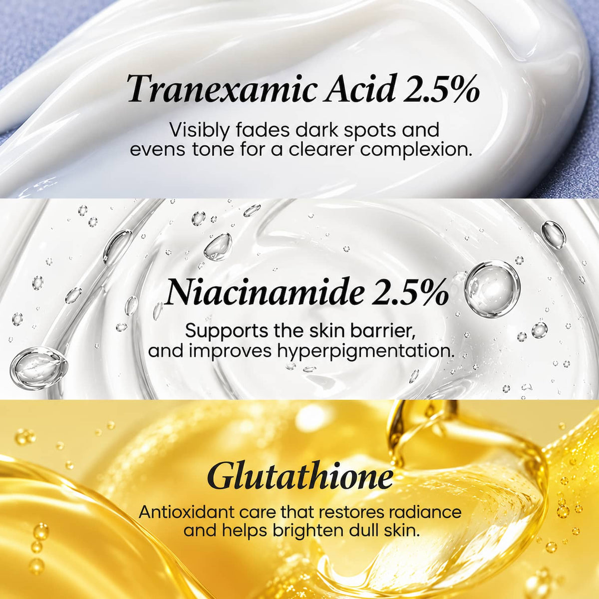 Three-panel skincare benefit graphic with white and golden cream textures and text reading Tranexamic Acid, Niacinamide, gluthathione.
