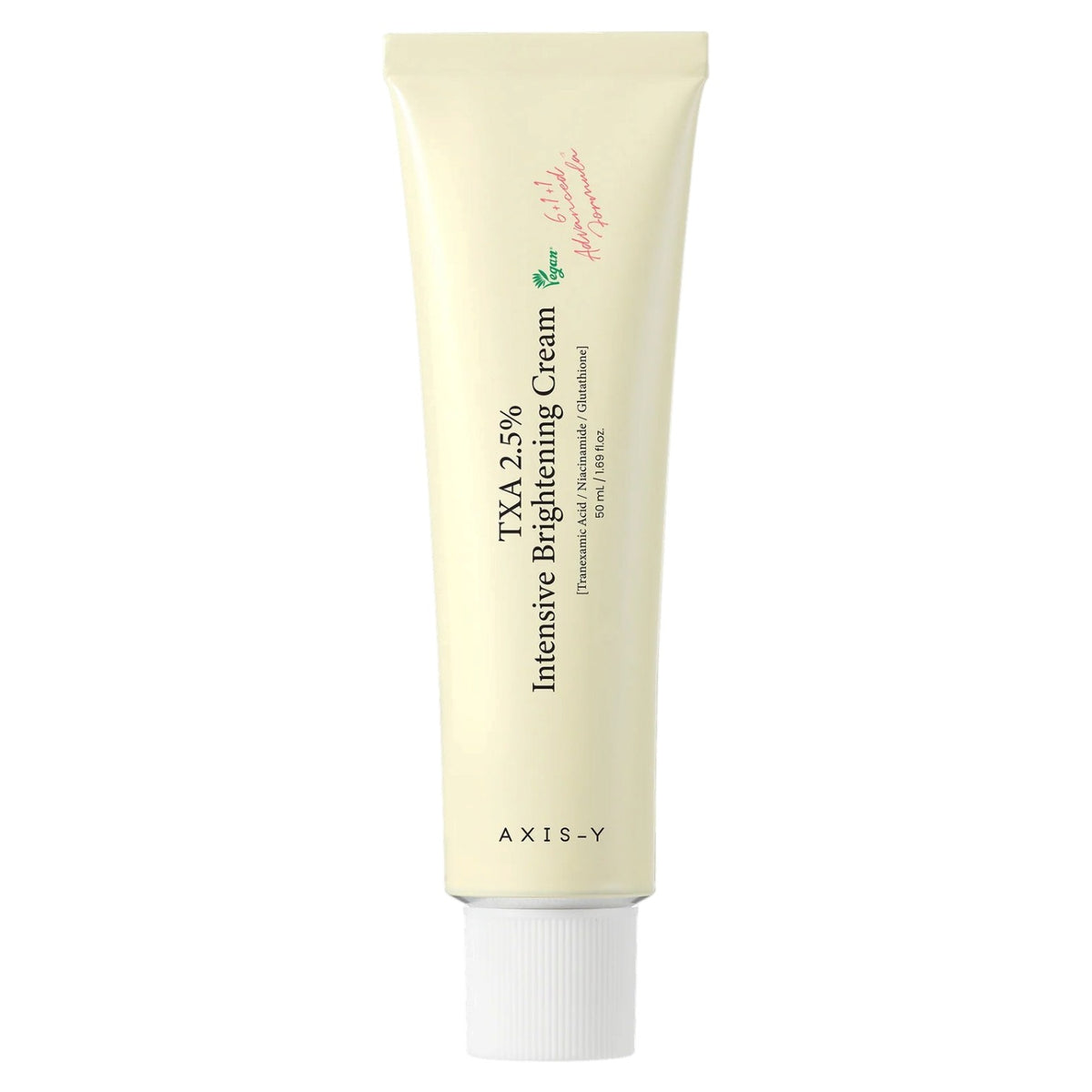 A tube of AXIS-Y TXA 2.5% Intensive Brightening Cream, featuring a pale yellow-cream colored tube with a white cap, set against a plain white background.