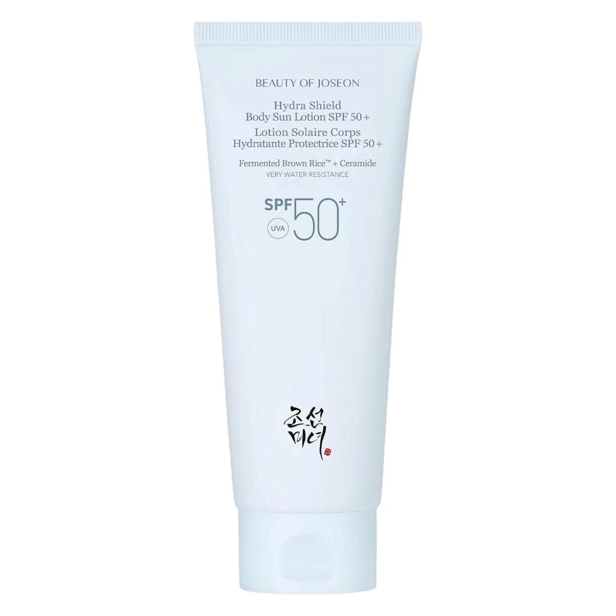 BEAUTY OF JOSEON Hydra Shield Body Sun Lotion 150ml SPF 50+ in a white squeeze tube with black and blue text, set against a plain white background.