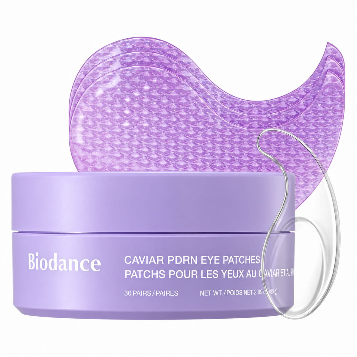 Biodance Caviar PDRN Eye Patches in a lavender jar with three translucent purple patch sheets fanned behind it on a white background.