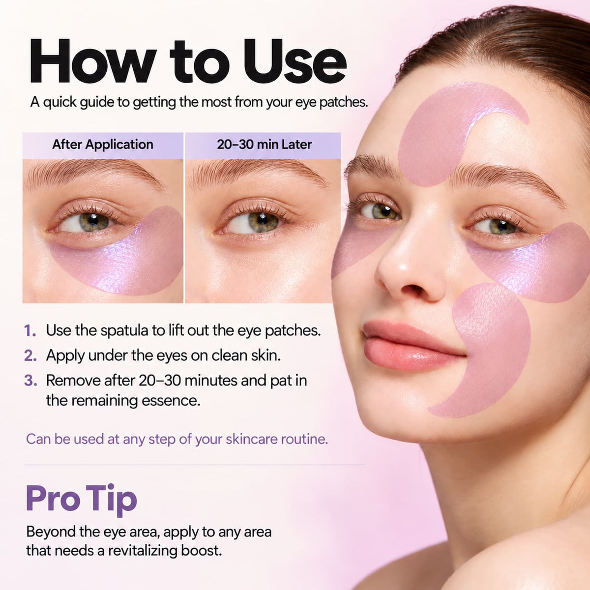 Instructional graphic showing how to use iridescent eye patches, with text instructions, before-and-after eye close-ups, and a model wearing pink-purple eye patches on her face against a soft pink background.