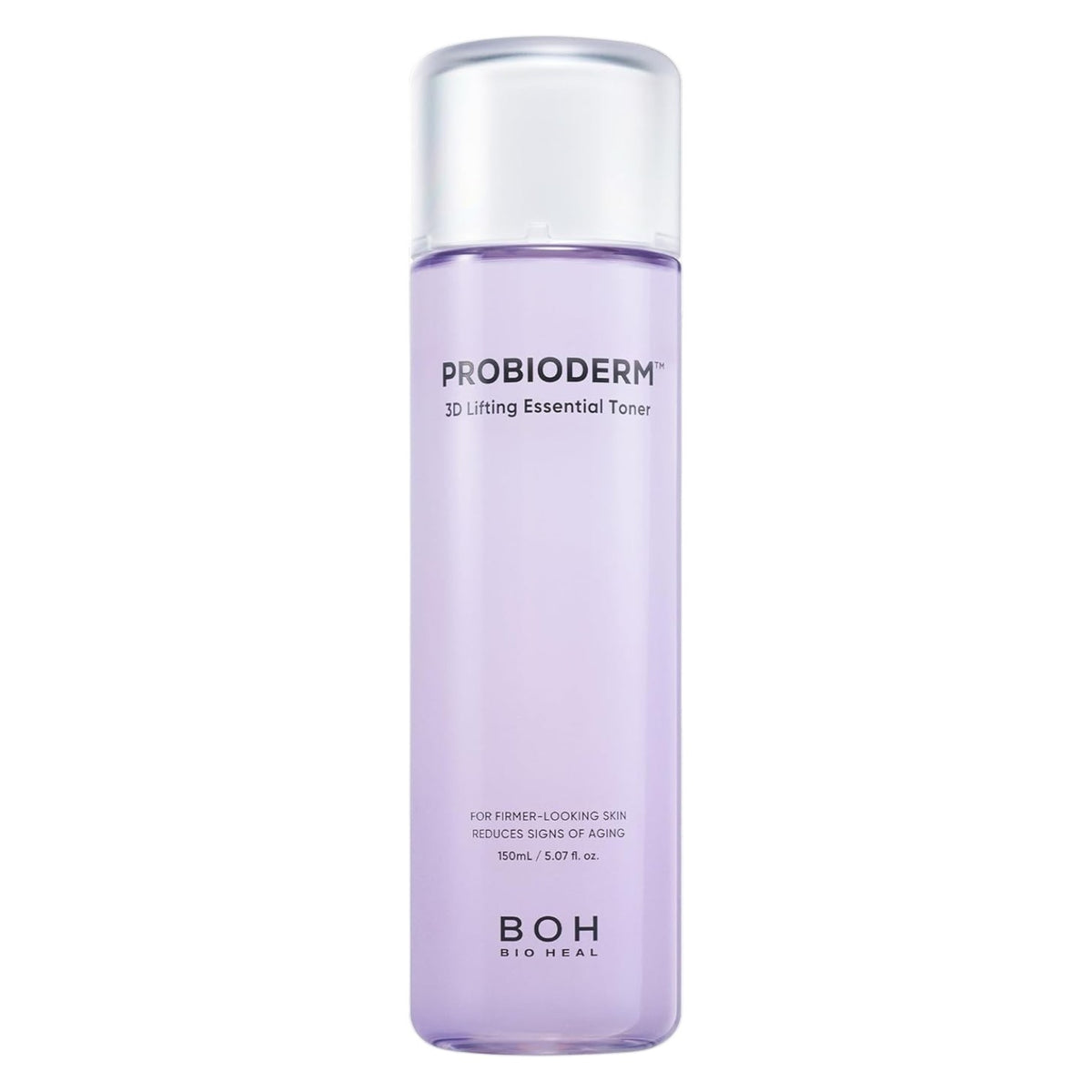 A 150ml bottle of BIOHEAL BOH Probioderm 3D Lifting Essential Toner , featuring a translucent lavender-purple body and a clear cap, shown against a plain white background.