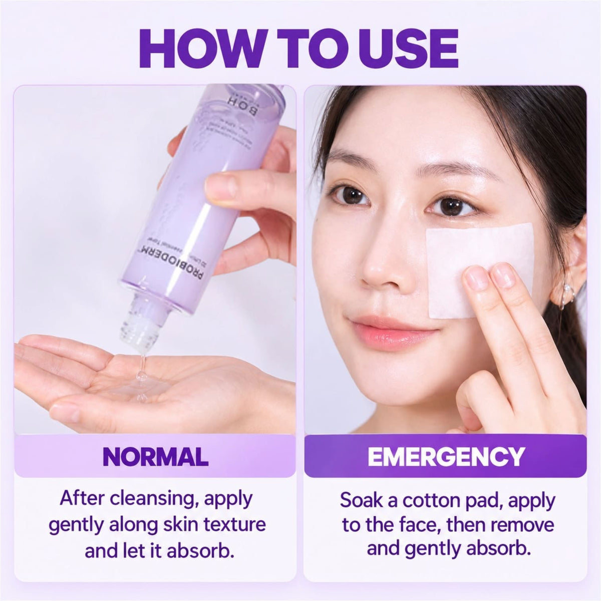Instructional graphic titled 'HOW TO USE' showing two panels: on the left, a hand holding a lavender cleansing bottle and pouring liquid onto the palm; on the right, a woman applying a cotton pad to her face. Purple text labels the steps 'NORMAL' and 'EMERGENCY'.