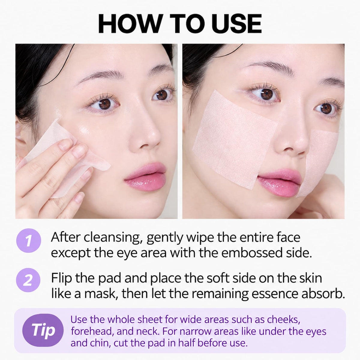 Instructional graphic titled 'HOW TO USE' showing a before-and-after application of BIOHEAL BOH Probioderm Collagen Remodeling Serum Pads on a woman's face, with step-by-step directions and a tip in text below.