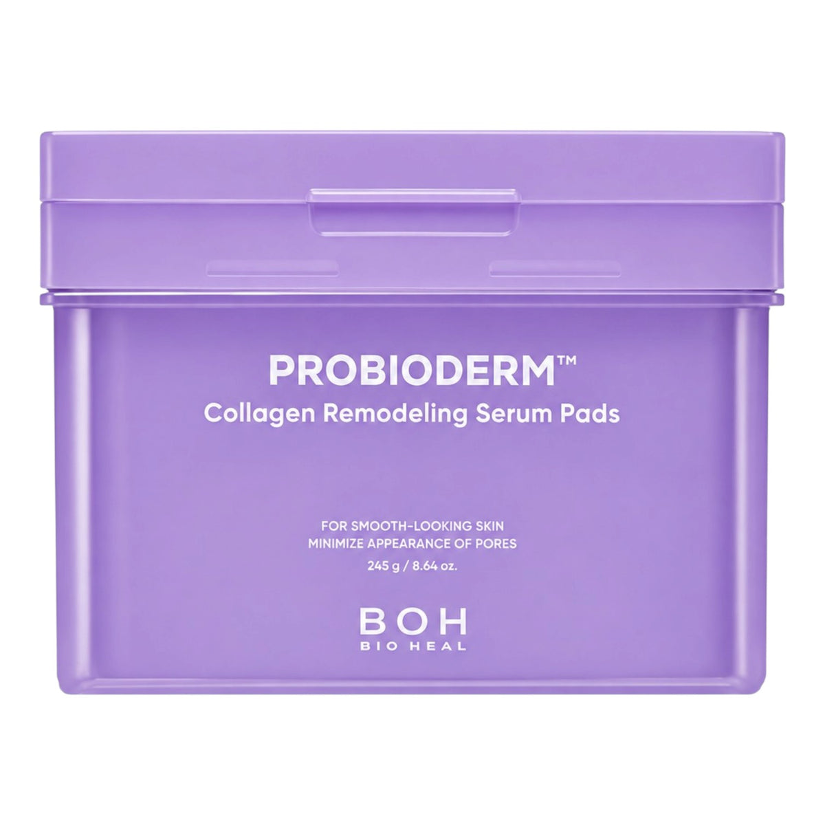 A lavender purple rectangular plastic jar of BIOHEAL BOH Probioderm Collagen Remodeling Serum Pads 245g, shown against a plain white background.