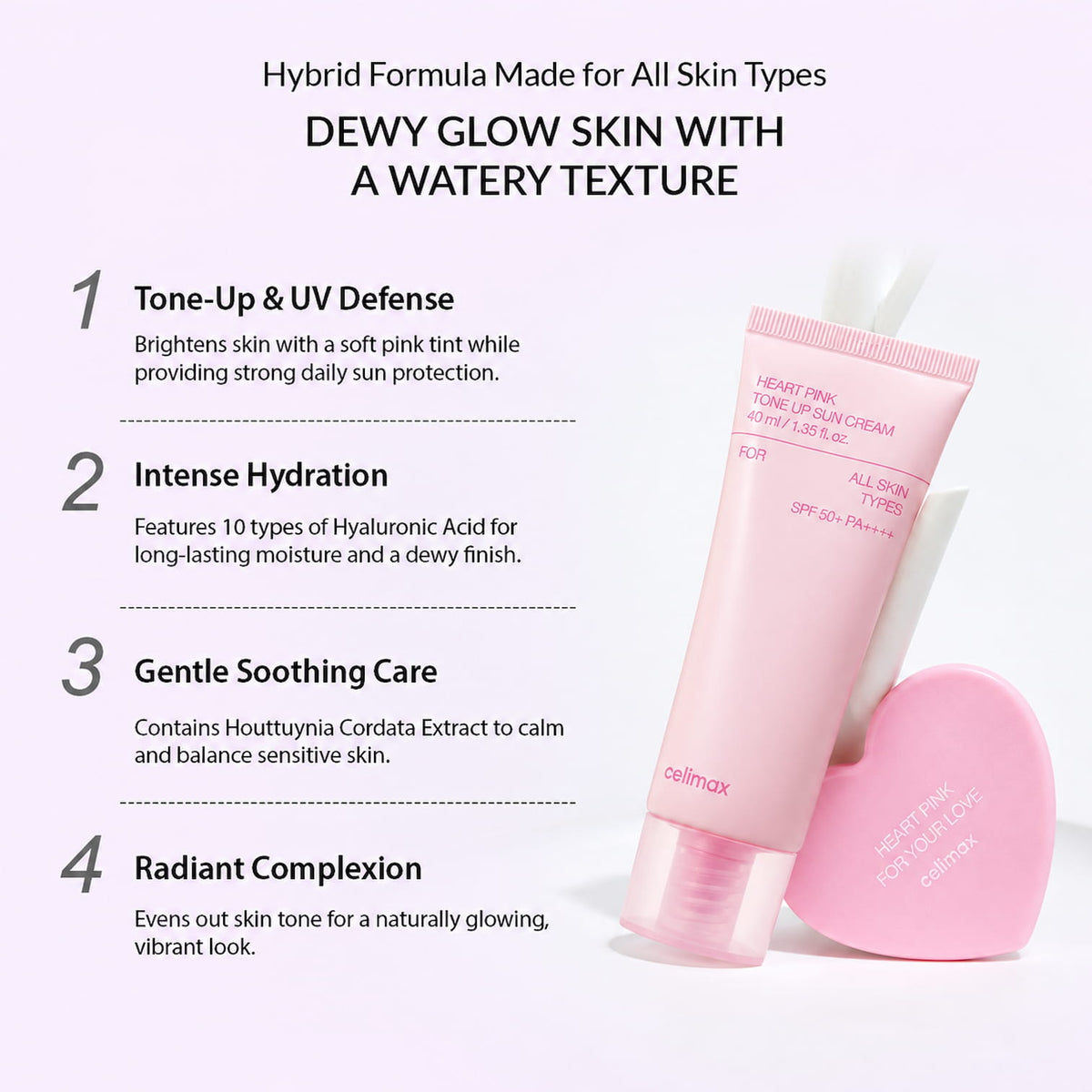 A promotional graphic for CELIMAX Heart Pink Tone Up Sun Cream with a Watery Texture, showing a light pink squeeze tube and matching cap on a pale lavender background with four benefit callouts.