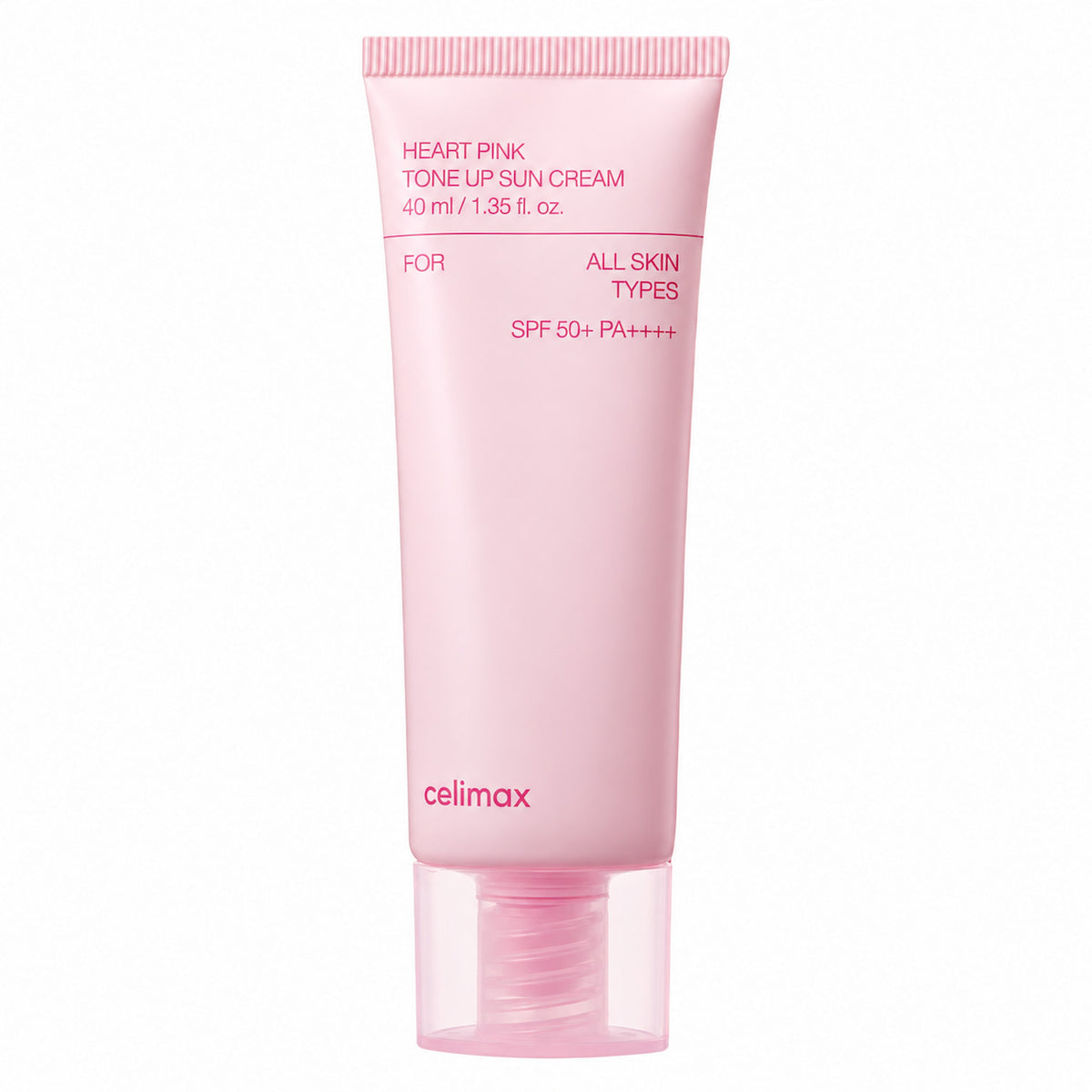 A pink squeeze tube of Cellmax Heart Pink Tone-Up Sun Cream SPF 50+ PA++++ against a plain white background.