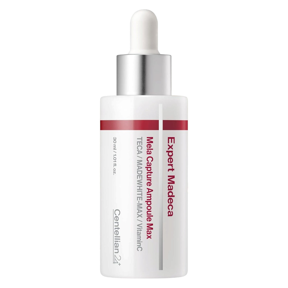 A 30 mL white bottle of CENTELLIAN24 Expert Madeca Mela Capture Ampoule Max with a silver dropper cap, shown on a solid white background.