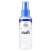 A 100ml DEAR KLAIRS Blue EGF Calming Mist. The bottle is made of frosted semi-transparent plastic, showing a light blue liquid inside, topped with a solid blue spray nozzle and a clear cap on a clear white background.