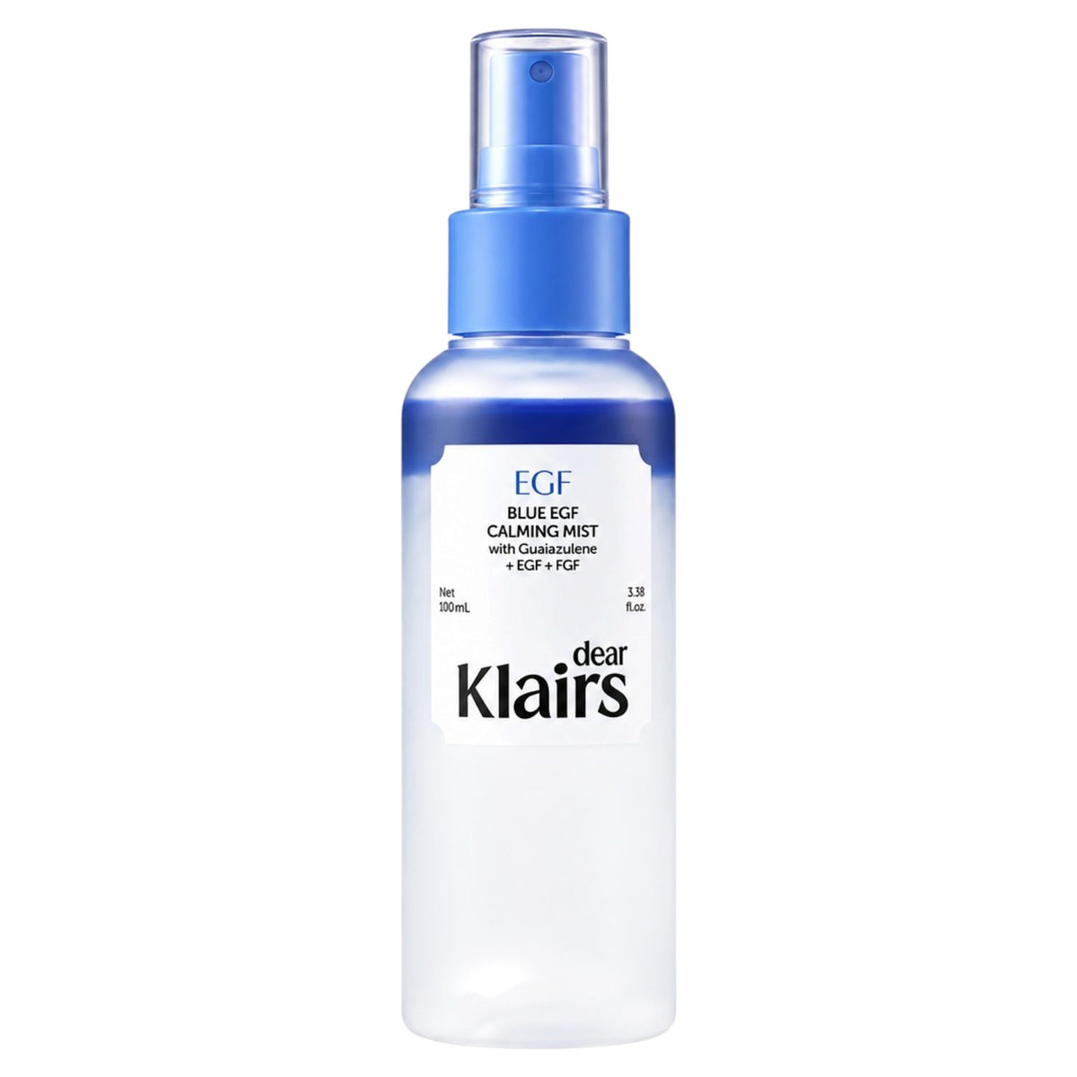 A 100ml DEAR KLAIRS Blue EGF Calming Mist. The bottle is made of frosted semi-transparent plastic, showing a light blue liquid inside, topped with a solid blue spray nozzle and a clear cap on a clear white background.