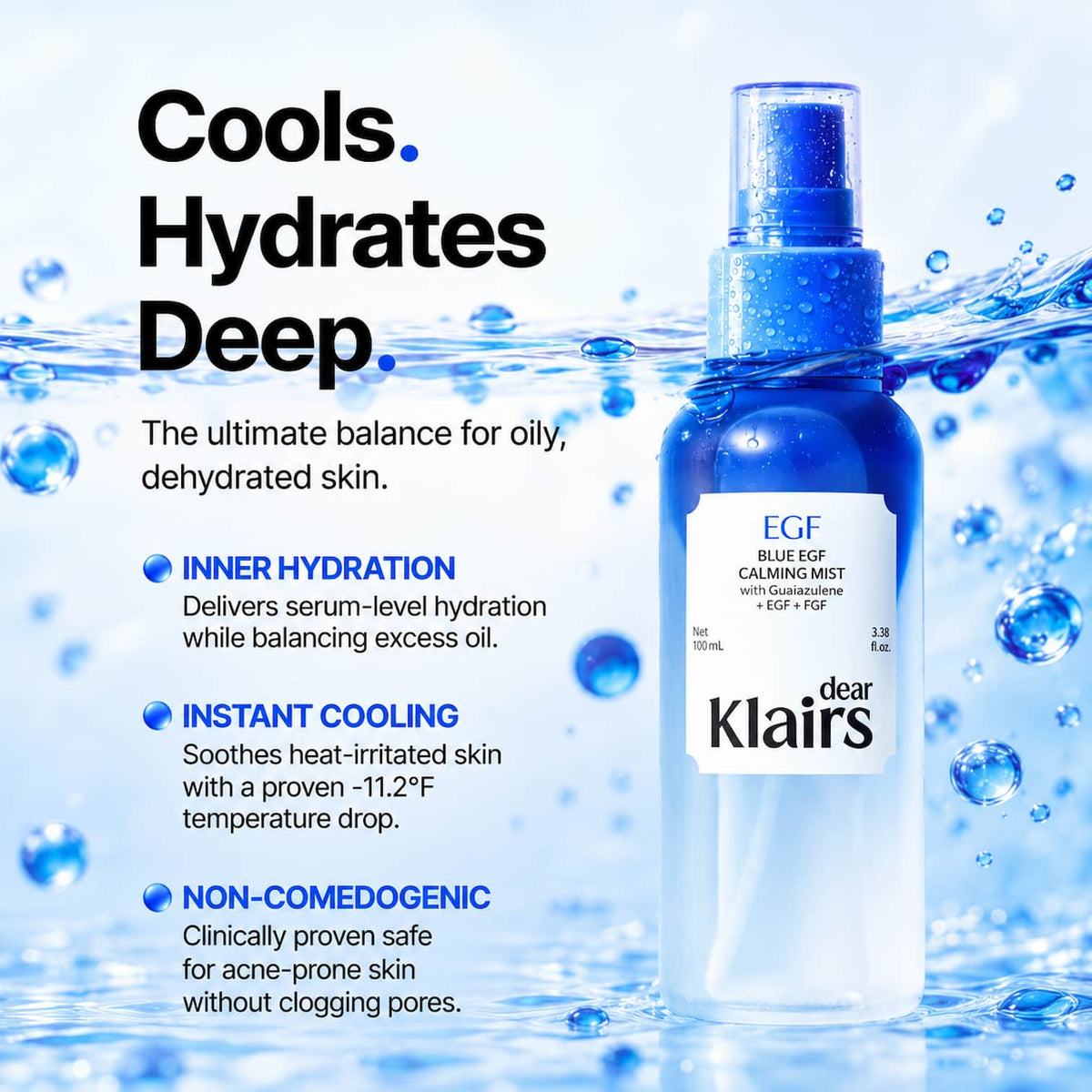 DEAR KLAIRS Blue EGF Calming Mist 100ml bottle standing on a blue water-themed background featuring product benefits: Cools, Hydrates Deep, Inner Hydration, Instant Cooling, and Non-Comedogenic.