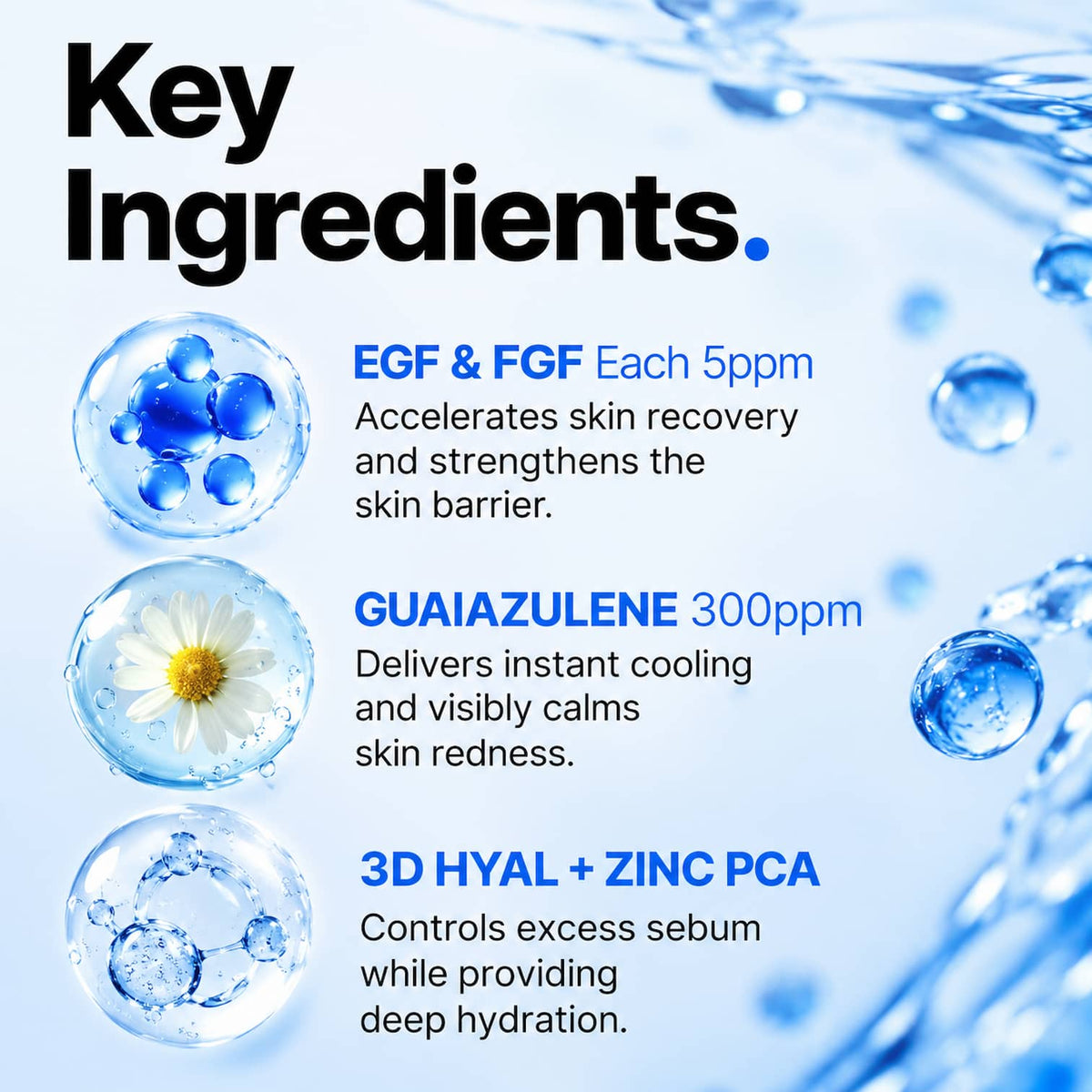 An informational graphic for DEAR KLAIRS Blue EGF Calming Mist 100ml with the heading 'Key Ingredients.' on a light blue water-themed background.