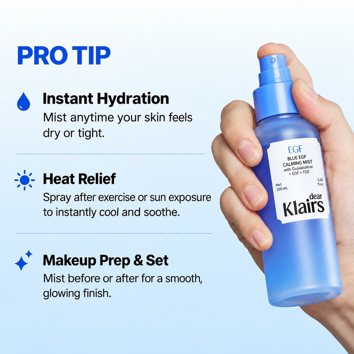 A hand holding a blue spray bottle labeled EGF Blue Calming Mist by dear Klairs, with text on the left explaining instant hydration, heat relief, and makeup prep & set.