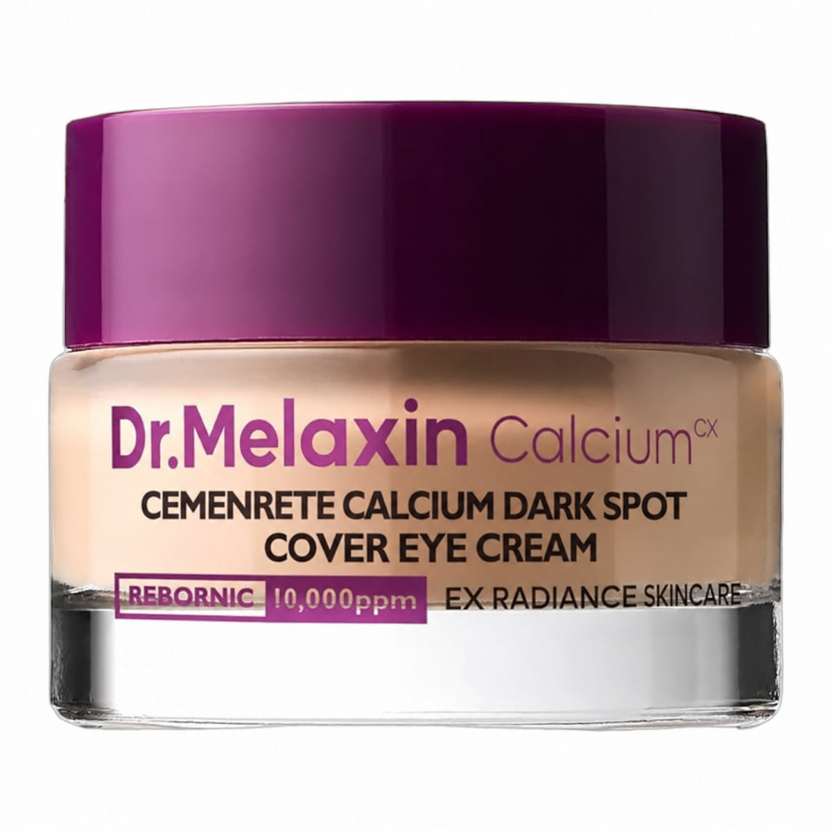 Dr.Melaxin Cemenrete Calcium Dark Spot Cover Eye Cream jar with purple cap on a white background.