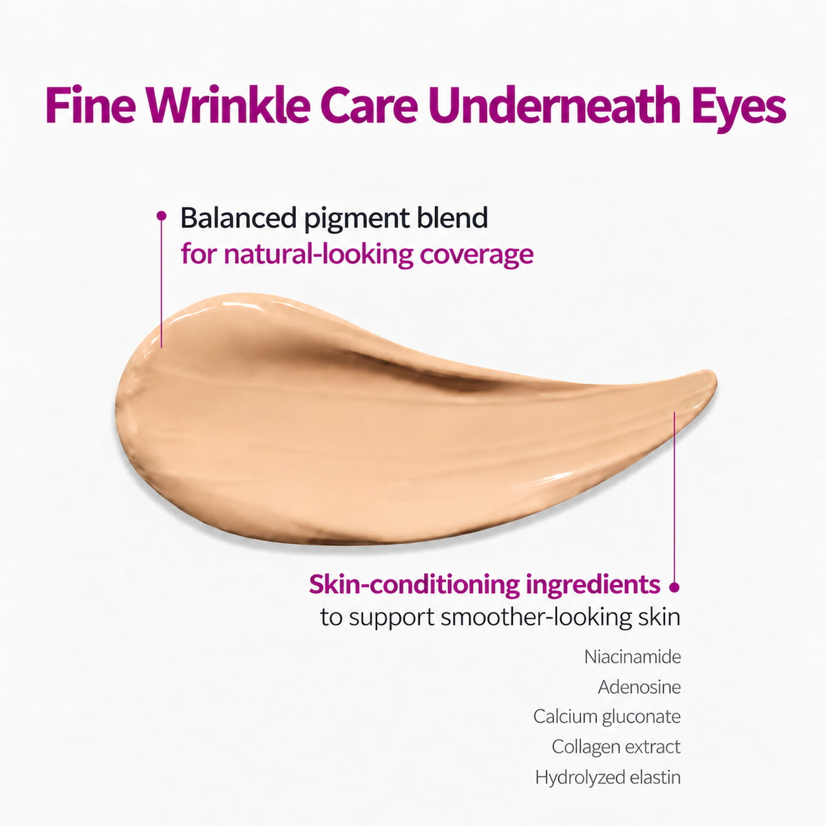 Beige Tinted under-eye cream swatch with Niacinamide, Adenosine, and Calcium Gluconate for dark spots and fine wrinkles.