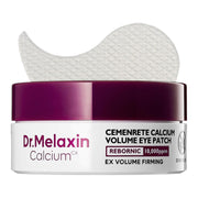 Dr. Melaxin Cemenrete Calcium Calcium Volume Eye Patch jar with a white and purple container and a white patch peeling back from the lid, on a white background.
