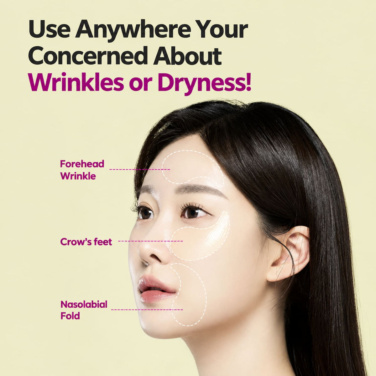 A woman in profile on a pale beige background with promotional text about wrinkles and dryness, plus dotted labels pointing to forehead, crow's feet, and nasolabial fold areas.