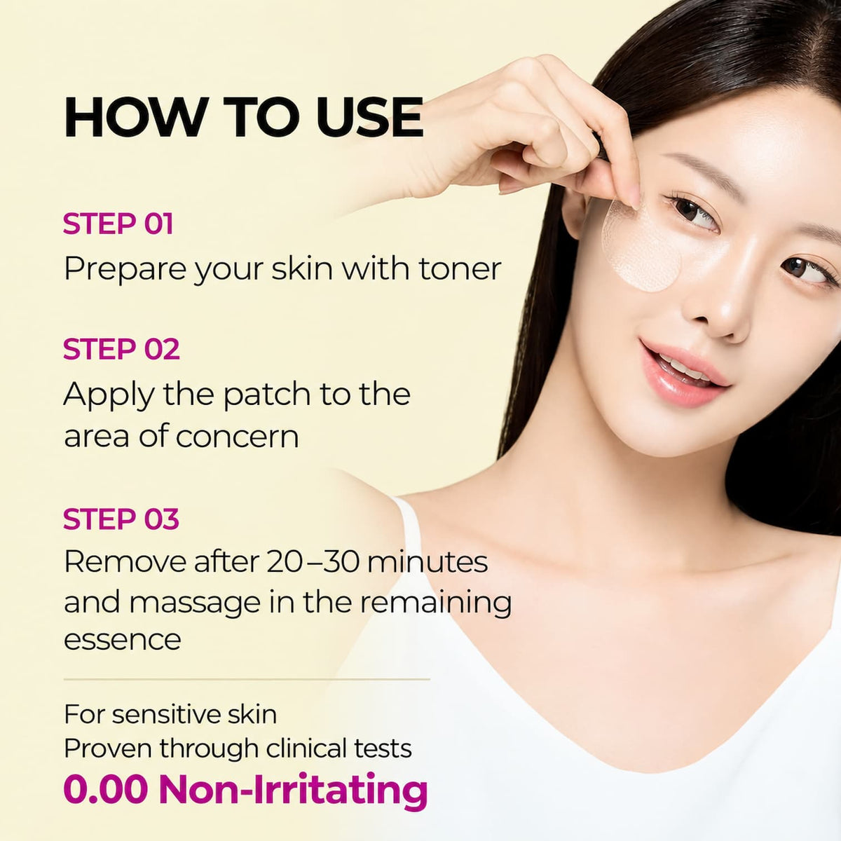 Instructional graphic showing a woman applying and removing am under-eye patch, with text detailing steps: prepare skin with toner, apply to the area of concern, remove after 20-30 minutes and massage in the remaining essence. Claims state non-irritating for sensitive skin and clinical proven.