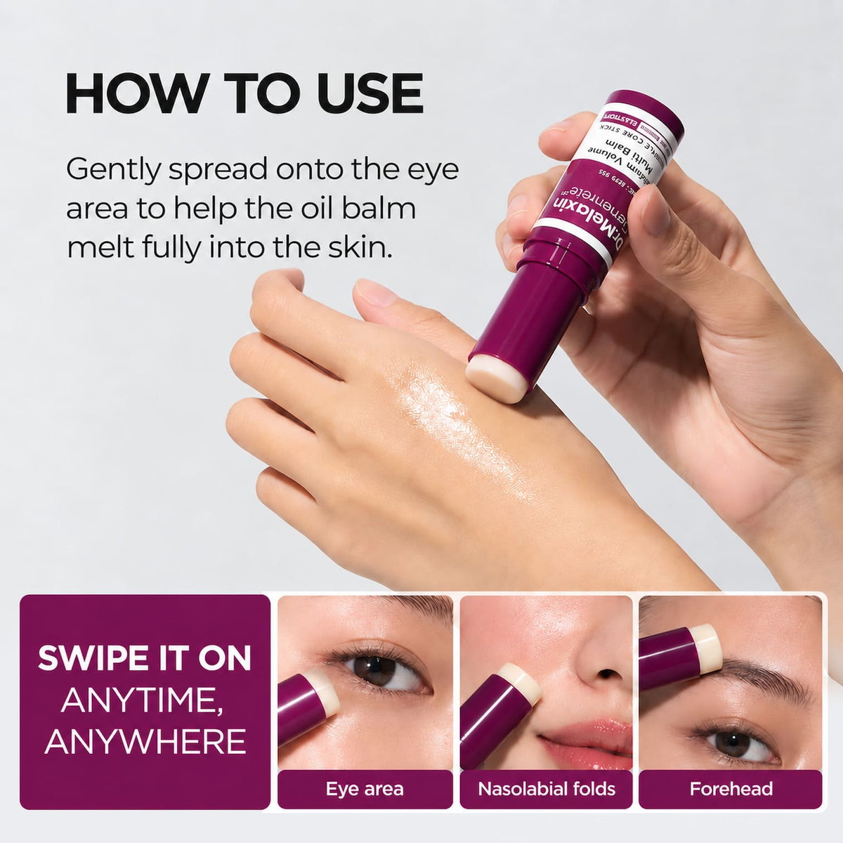 A Dr.Melaxin Multi balm stick being held over a hand, with text explaining how to use the balm. Three small inset photos at the bottom show the balm applied around the eye area, nasolabial folds, and forehead.