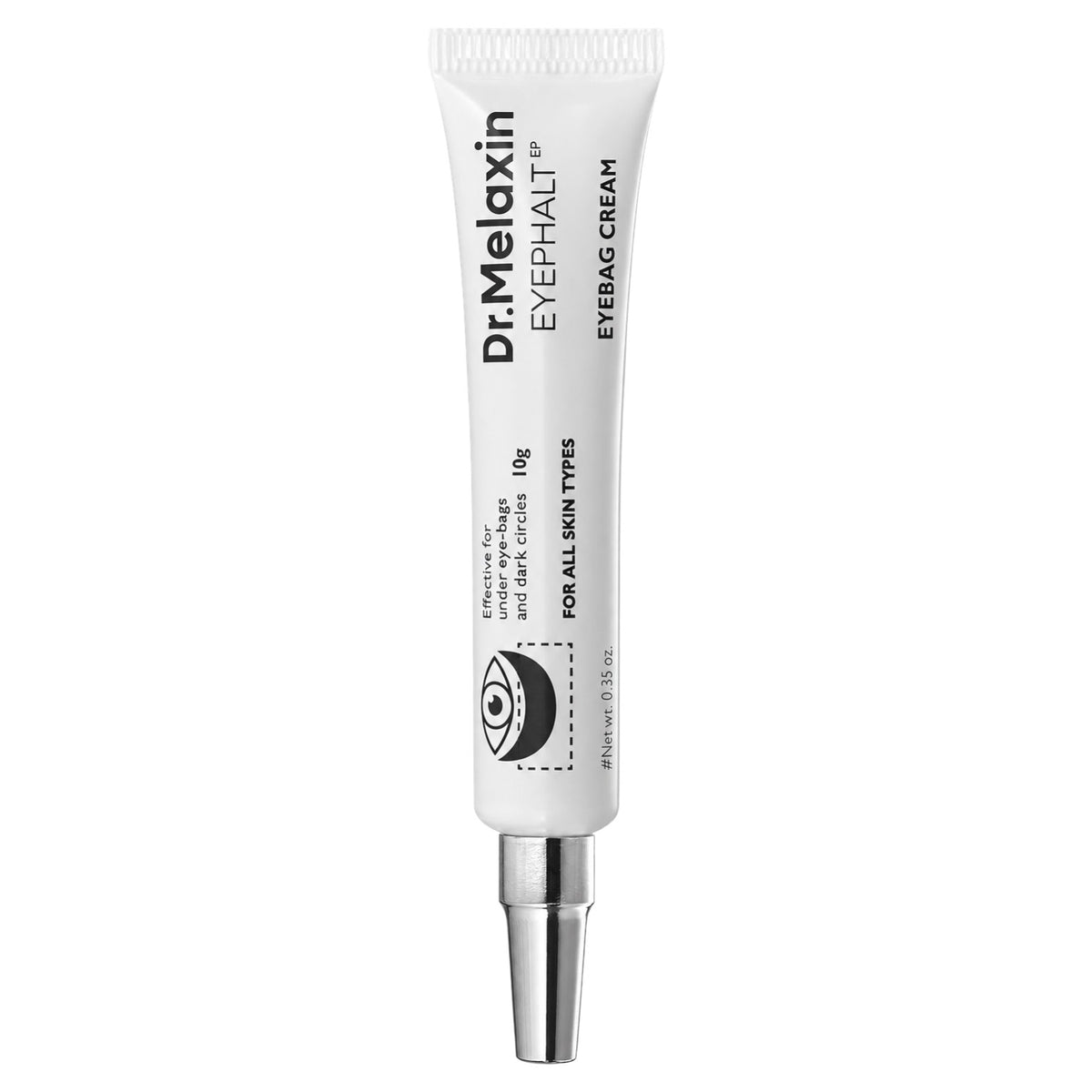 A white squeeze tube of Dr. Melaxin Eyephalt cream for eyebags with a metallic silver applicator tip, shown on a solid white background.
