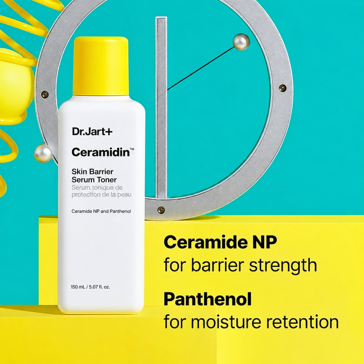 Dr. Jart+ Ceramidin Skin Barrier Serum Toner bottle on a bright yellow and teal graphic background with text highlighting Ceramide NP and Panthenol benefits.