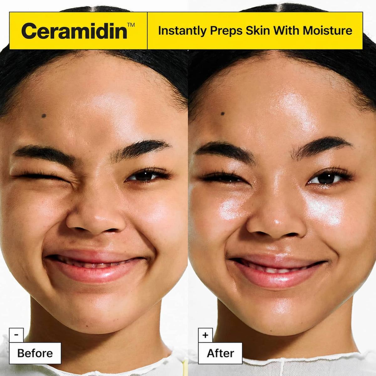 Before and after comparison of a woman's face showing skin hydration results, with a yellow banner at the top reading 'Ceramidin' and 'Instantly Preps Skin With Moisture'.