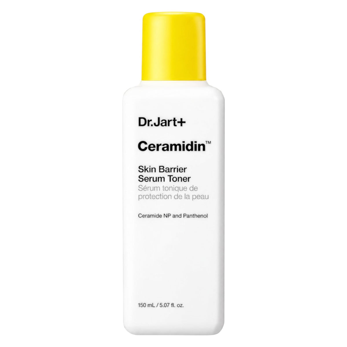 Dr.Jart+ Ceramidin Skin Barrier Serum Toner in a white rectangular bottle with a bright yellow cap, shown on a plain white background.