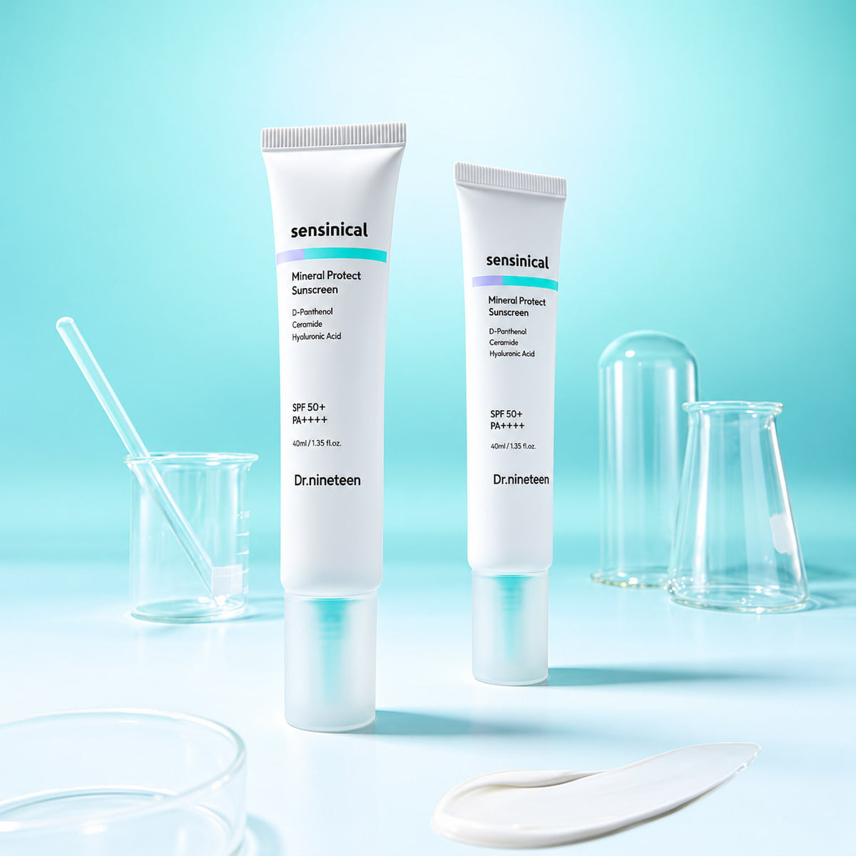 Two white Dr.Nineteen Sensinical Mineral Protect Sunscreen 40ml standing upright on a light blue surface, surrounded by clear glass beakers, a spatula, and a white smear, against a soft blue gradient background.