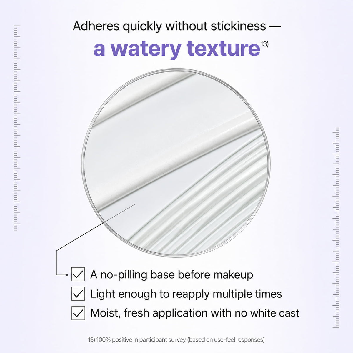 A watery texture infographic on a pale lavender background with marketing text describing its application benefits.