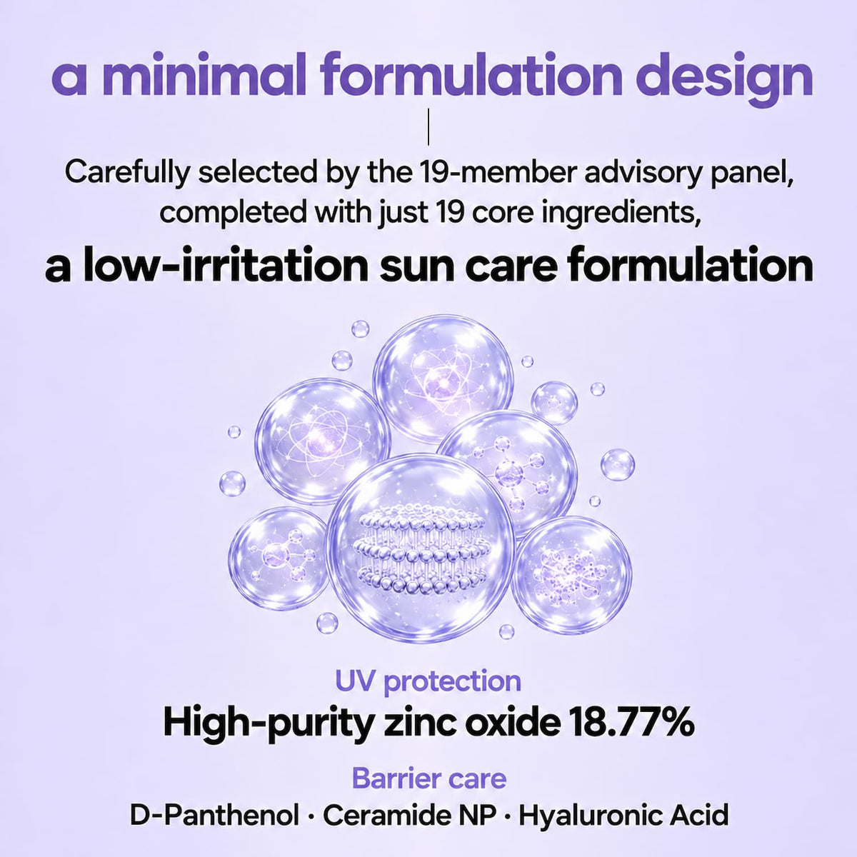 A promotional graphic for a low-irritation sun care formulation, featuring text on a light lavender background with a central cluster of translucent bubbles. The text highlights a minimal formulation design, 19 core ingredients, UV protection with high-purity zinc oxide.