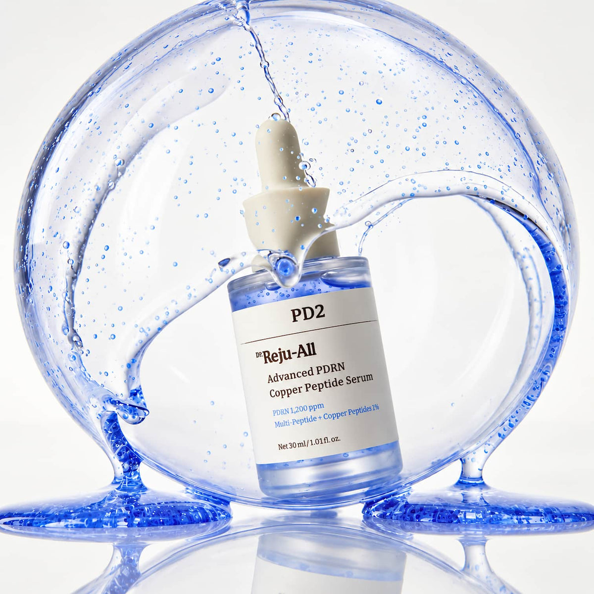 A bottle of Dr.Reju-All Advanced PDRN Copper Peptide Serum 30ml centred inside a large transparent blue glass sphere with serum droplets and a reflective white studio background.