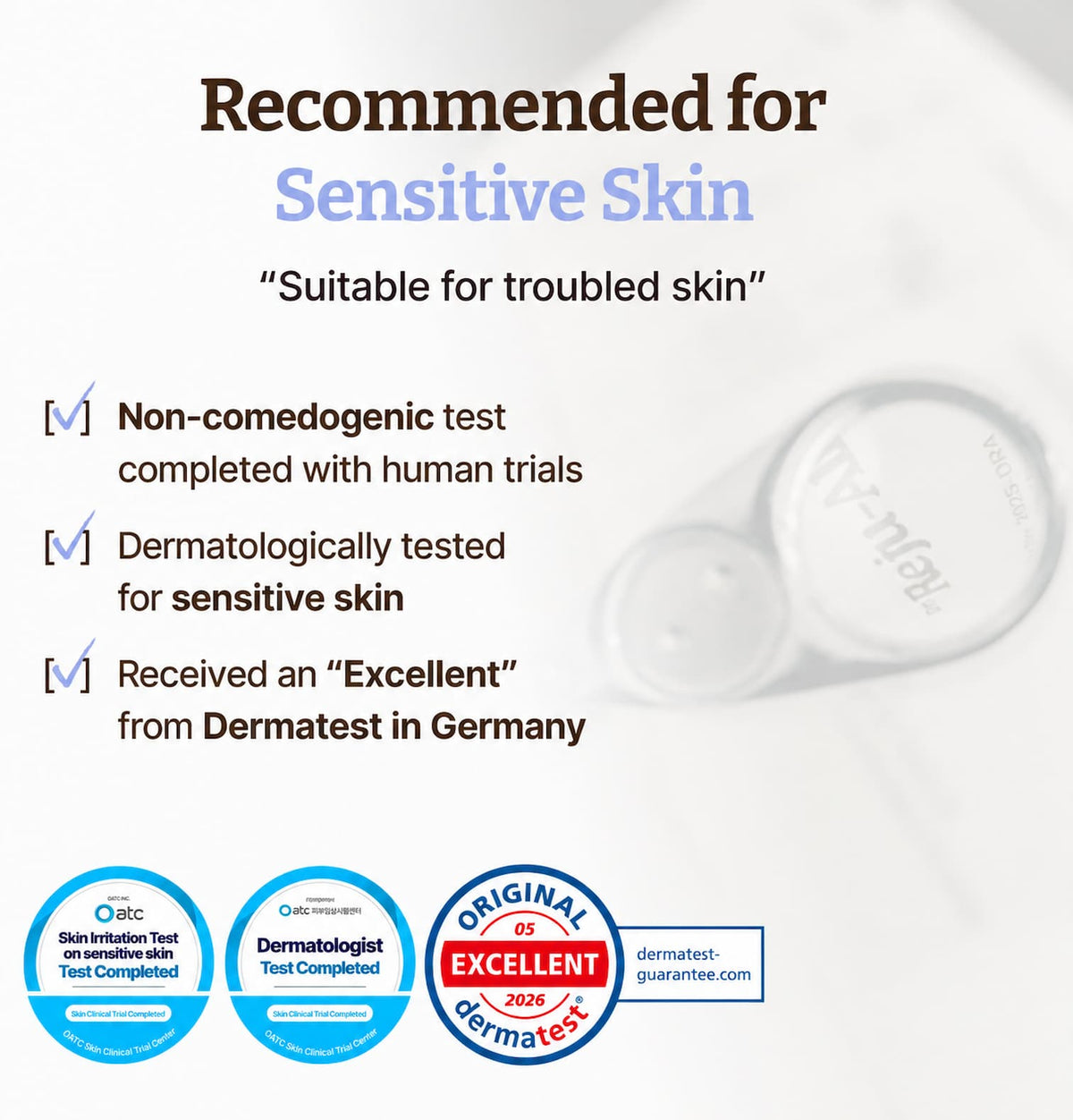 Promotional graphic for Dr.Reju-All Advanced PDRN Copper Peptide Serum a sensitive skin product, featuring text such as 'Recommended for Sensitive Skin' and bullet points about non-comedogenic testing and Dermatest certification.