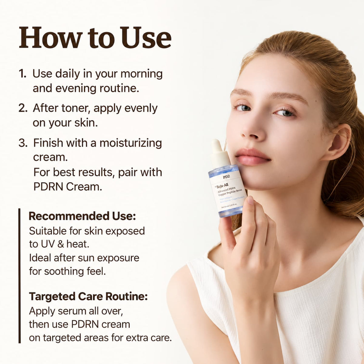 A woman holds a small bottle of Dr.Reju-All Advanced PDRN Copper Peptide Serum against her cheek while reading a 'How to Use' guide with text about daily skincare steps and PDRN cream recommendations.