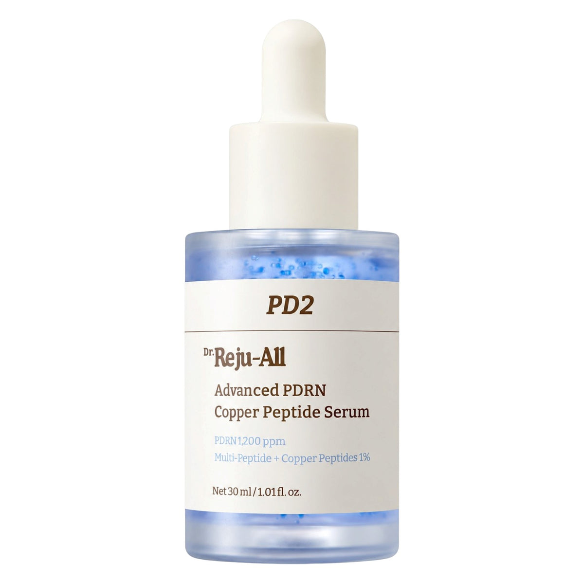 Dr.Reju-All Advanced PDRN Copper Peptide Serum in a 30 ml dropper bottle, featuring a white label and dropper cap on a clean white background.