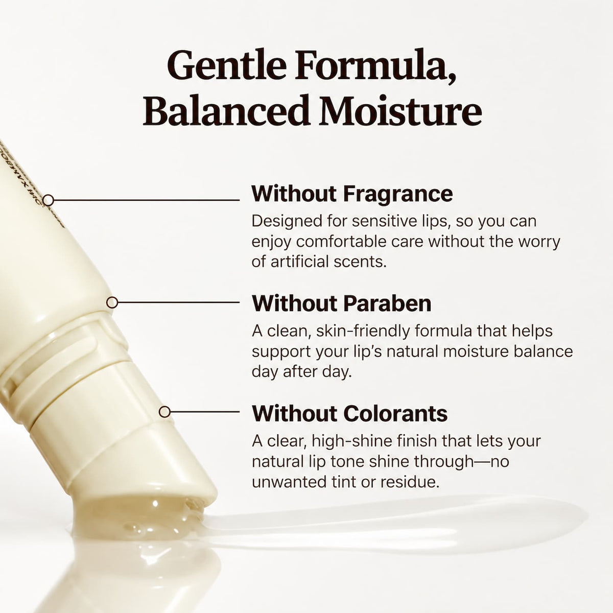 A close-up of Dr.Reju-All Advanced PDRN Rejuvenating Lip Serum with text callouts reading 'Gentle Formula, Balanced Moisture' and bullet points about being fragrance-free, paraben-free, and colorant-free on a light background.