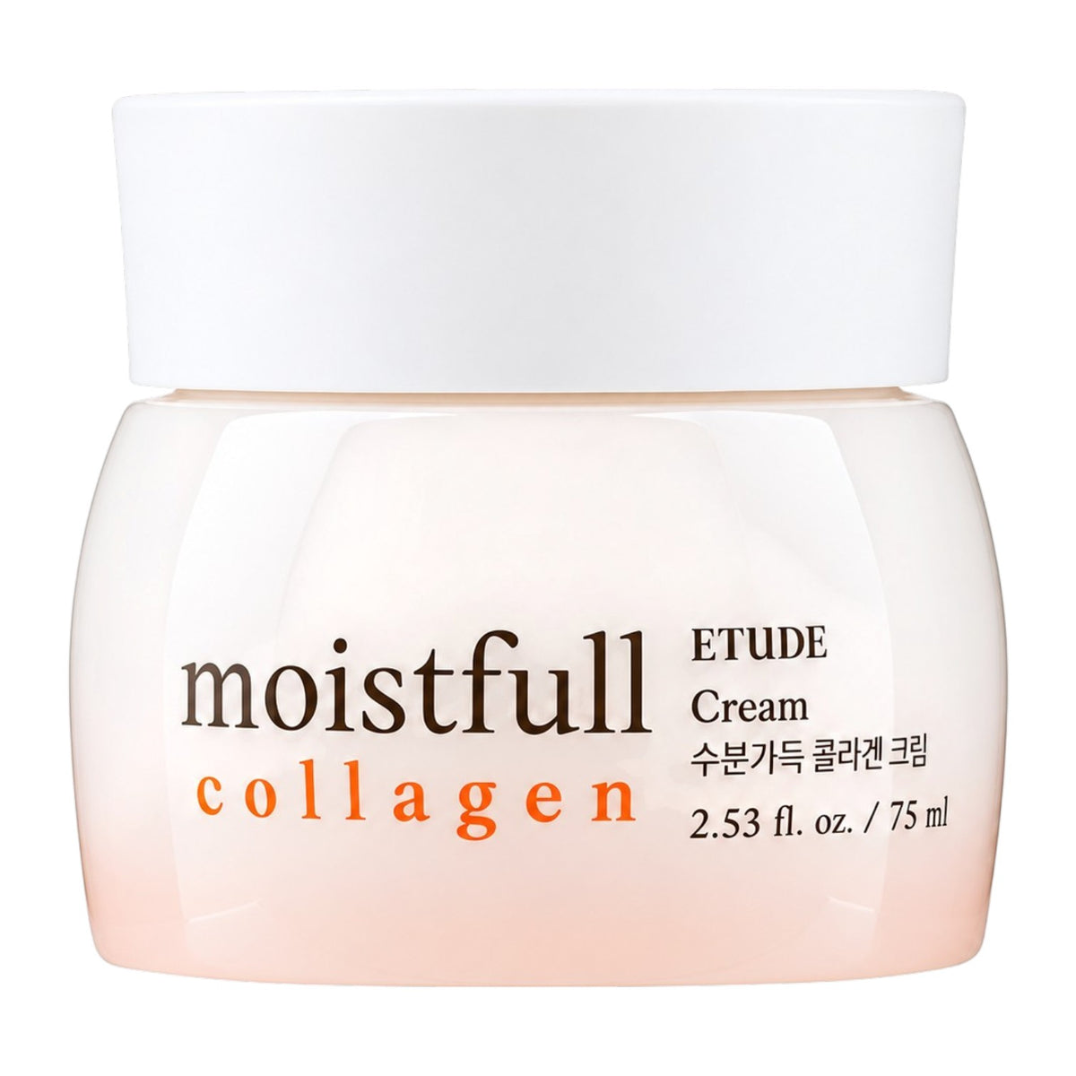 A jar of ETUDE Moistfull Collagen Cream on a solid white background. The jar is a soft, pale peach-pink with a white lid, featuring the product name in black and orange lettering.