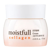 A jar of ETUDE Moistfull Collagen Cream on a solid white background. The jar is a soft, pale peach-pink with a white lid, featuring the product name in black and orange lettering.