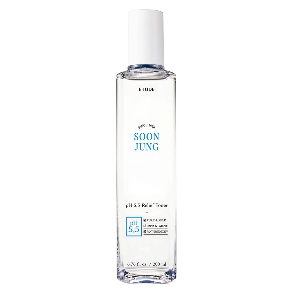 A clear glass bottle of ETUDE SoonJung pH 5.5 Relief Toner 200ml with a white cap, shown on a solid white background.